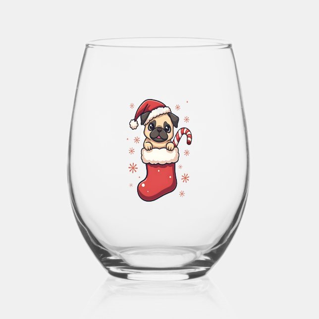Santa Pug Delight Stemless Wine Glass (Front)