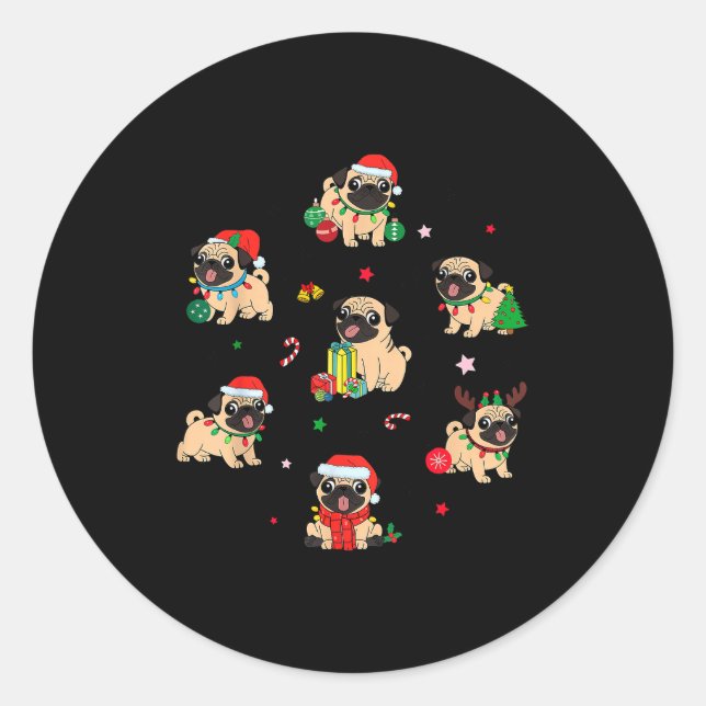 Santa Pug Light Gorgeous Reindeer Pajama Christmas Classic Round Sticker (Front)