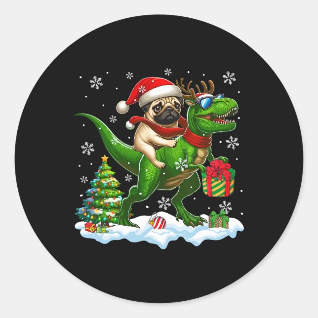 Santa Pug Riding Reindeer T-rex Christmas Kids Tod Classic Round Sticker (Front)