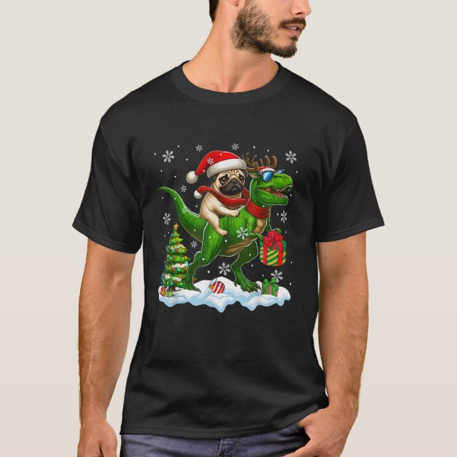 Santa Pug Riding Reindeer T rex Christmas Kids Tod T-Shirt (Front)