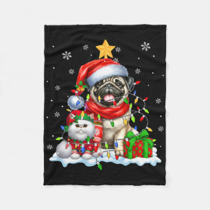 Santa Pug With Elf Cat Christmas Lights Owner Kids Fleece Blanket