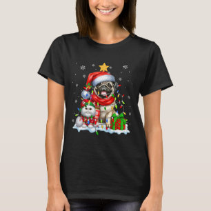 Santa Pug With Elf Cat Christmas Lights Owner Kids T-Shirt