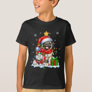 Santa Pug With Elf Cat Christmas Lights Owner Kids T-Shirt