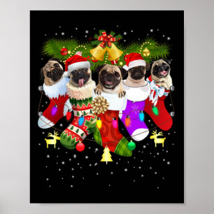 Santa Pugs In Christmas Socks Funny Xmas Dog Lover Poster