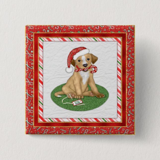 Santa Puppy 15 Cm Square Badge (Front)