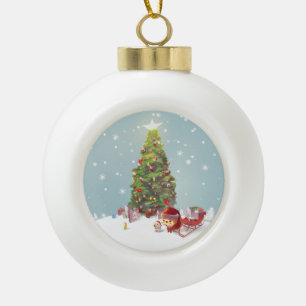 Santa Puppy: Smiling Bichon & Christmas Tree Ceramic Ball Christmas Ornament