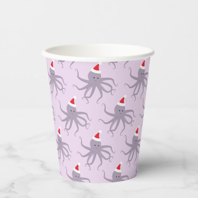 Santa Purple Octopus Christmas Holiday Paper Cups (Front)