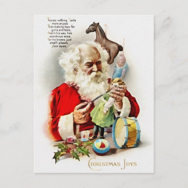 Santa putting the final touches of paint on a doll holiday postcard (Front)