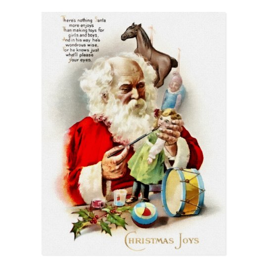 Santa putting the final touches of paint on a doll postcard