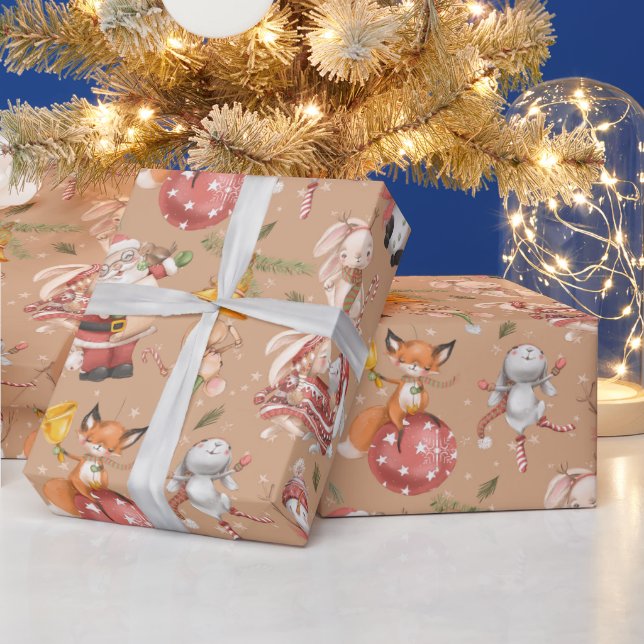 Santa Rabbit Fox Christmas Winter Holiday Pattern Wrapping Paper (Holidays)