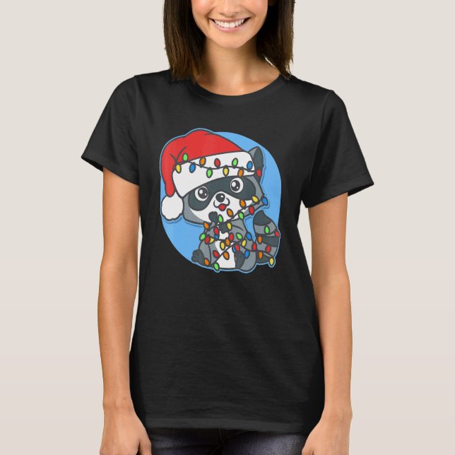 Santa Raccoon Christmas Tree Lights  Xmas Raccoon  T-Shirt (Front)