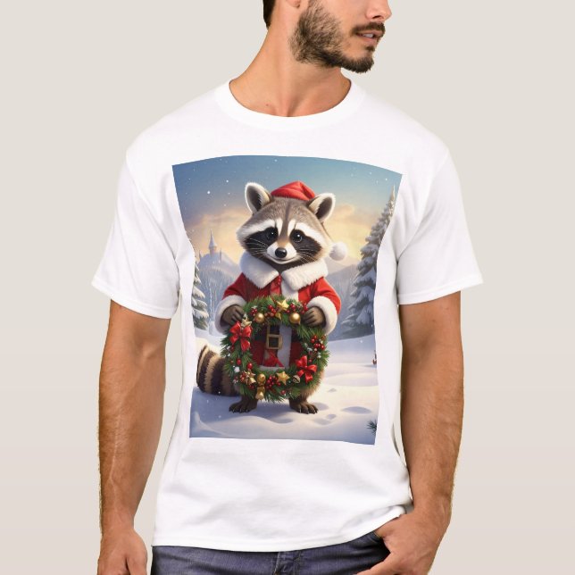 Santa Raccoon – Winter Wreath in a Magical Forest T-Shirt (Front)
