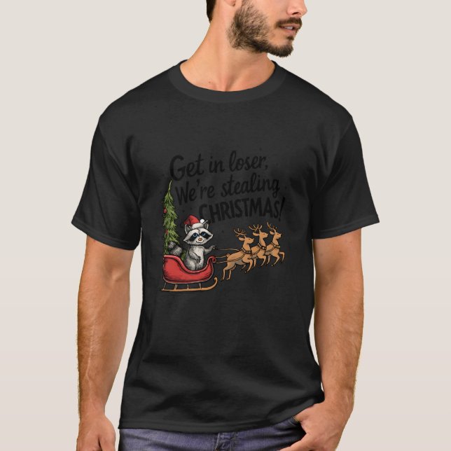 Santa Racoon Sleigh Ride Funny Christmas Reindeer T-Shirt (Front)