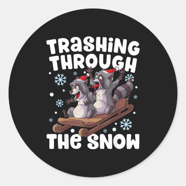 Santa Racoon Trashing Through The Snow Cute Christ Classic Round Sticker (Front)