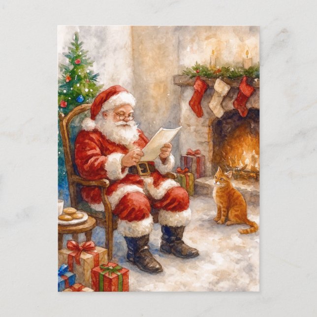 Santa Reading Fireplace Cozy Christmas Postcard (Front)
