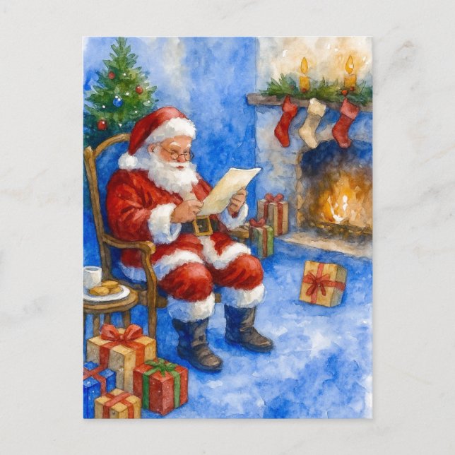 Santa Reading Letters by the Fireplace Postcard (Front)