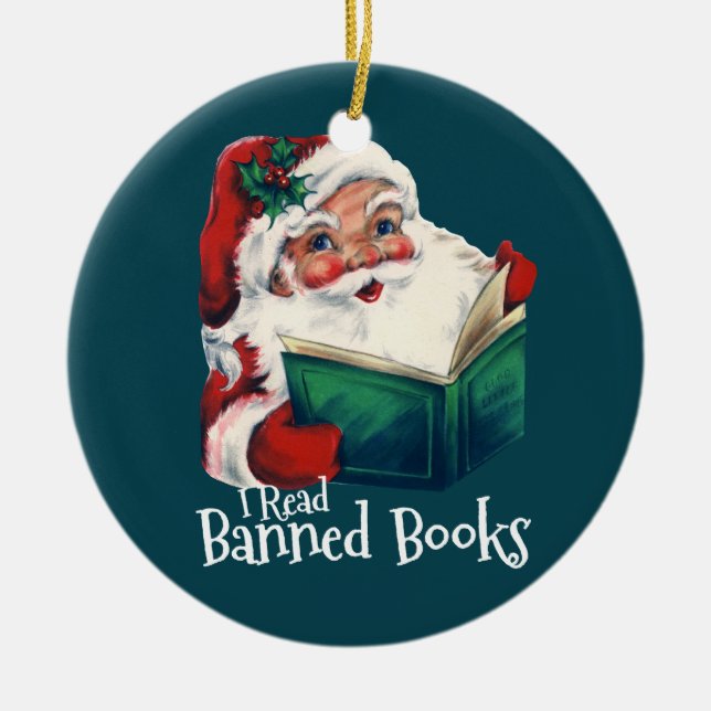Santa Reads Banned Books Ceramic Tree Decoration (Front)