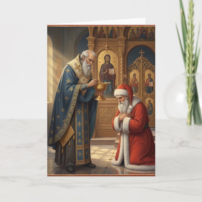 Santa receiving communion in Orthodox church Card (Front)