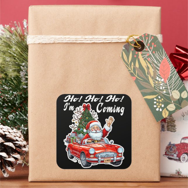 Santa Red Car Black Background Square Sticker (Holiday)