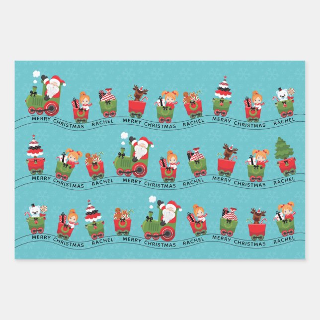 Santa & Red Hair Girl on Train Wrapping Paper Sheet (Front)
