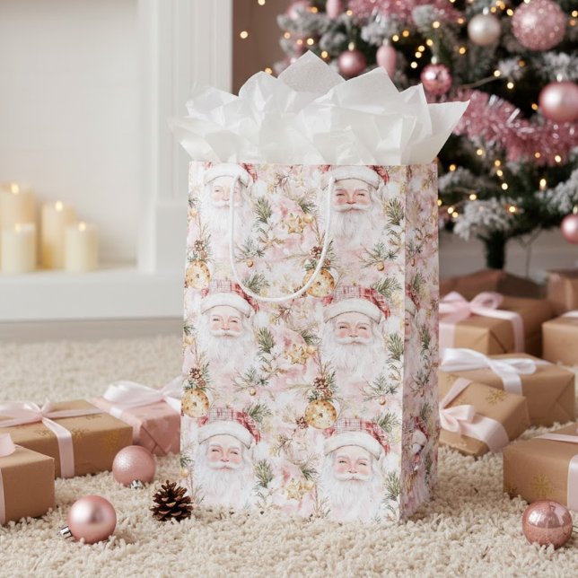 Santa Red Plaid Hat Gold Ornament Holiday Pink Medium Gift Bag (Creator Uploaded)