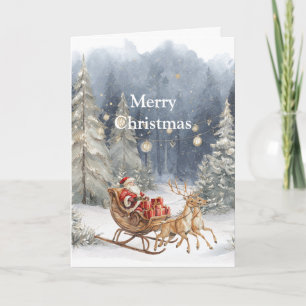 Santa Red Sleigh Reindeer Snow Christmas Trees Card