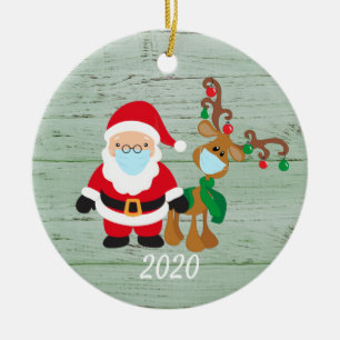 Santa Reindeer 2020 Face mask Covid Wood Ceramic Tree Decoration