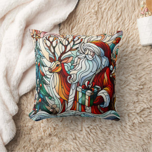 Santa, reindeer, and gifts by trees' cushion