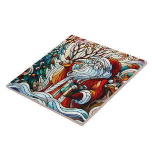 Santa, reindeer, and gifts by trees' tile