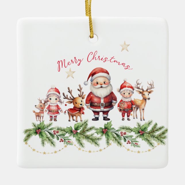 Santa, Reindeer, and Kids Christmas Ornament: Cute Ceramic Ornament (Front)