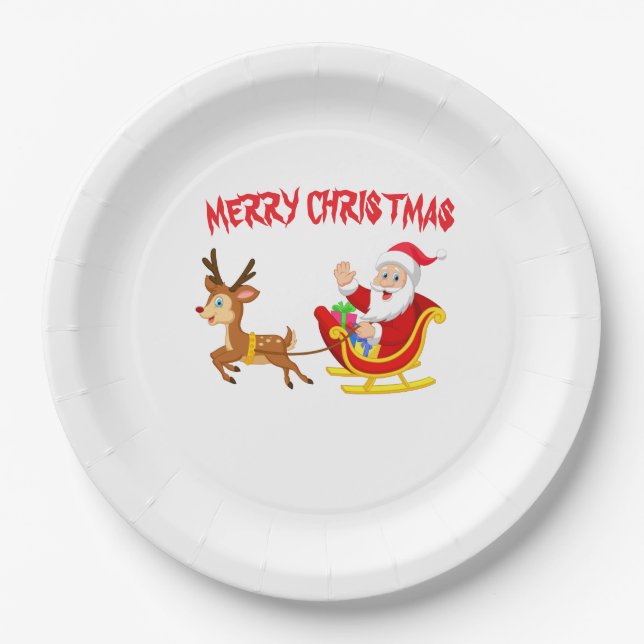 Santa Reindeer and sleigh xmas Paper Plate (Front)
