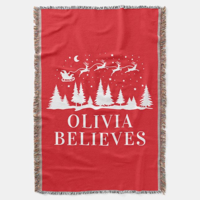 Santa reindeer believes Christmas traditional red Throw Blanket (Front Vertical)