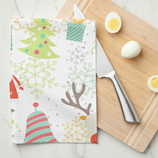 Santa, Reindeer, Bell and Christmas Tree Kitchen Tea Towel (Quarter Fold)