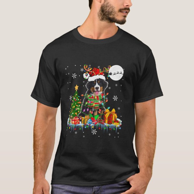 Santa Reindeer Bernese Mountain Christmas Tree Dog T-Shirt (Front)