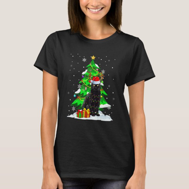 Santa Reindeer Black Cat Xmas Tree Lights Christma T-Shirt (Front)
