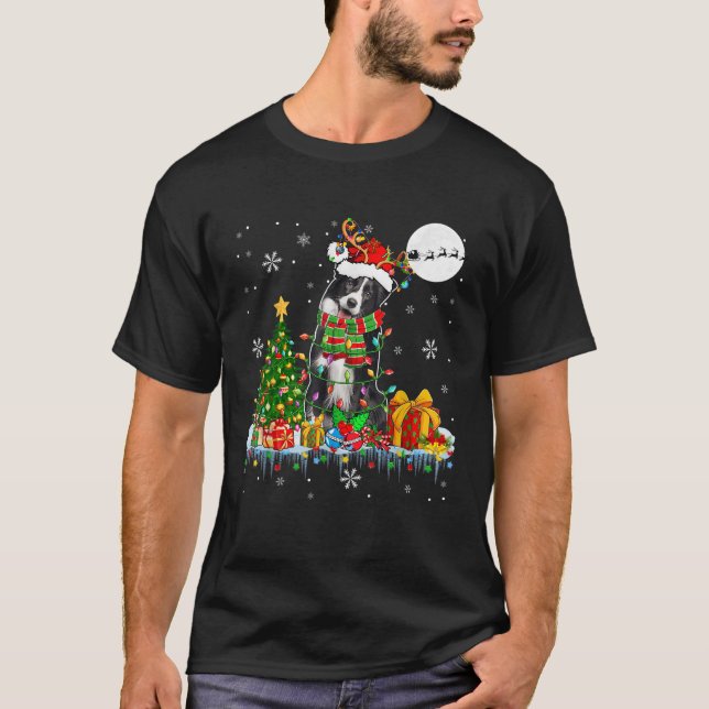 Santa Reindeer Border Collie Christmas Tree Lights T-Shirt (Front)