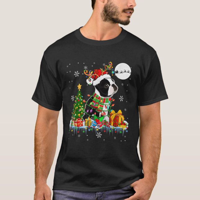 Santa Reindeer Boston Terrier Christmas Tree Dog L T-Shirt (Front)