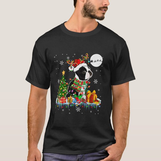 Santa Reindeer Boston Terrier Christmas Tree Dog L T-Shirt (Front)