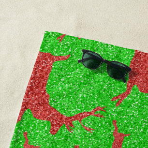 Santa Reindeer Bright Green Red Merry Christmas Beach Towel