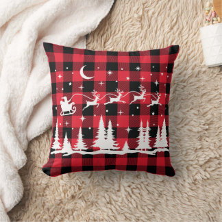 Santa Reindeer Christmas Buffalo Check  Cushion