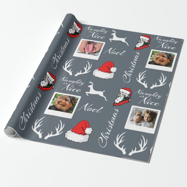 Santa & Reindeer Christmas Family Photos Wrapping Paper (Unrolled)