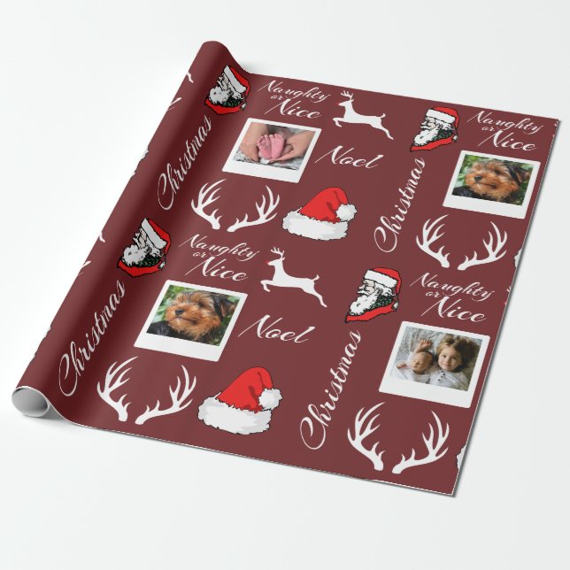 Santa & Reindeer Christmas Family Photos Wrapping Paper (Unrolled)