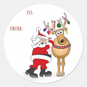 Santa reindeer Christmas Gift sticker: TO: FROM: Classic Round Sticker