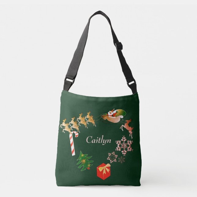 Santa Reindeer Christmas Green + Name Crossbody Bag (Front)