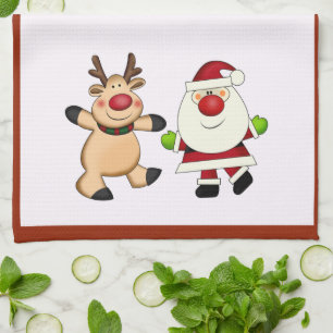 Santa & Reindeer Christmas Holiday Tea Towel