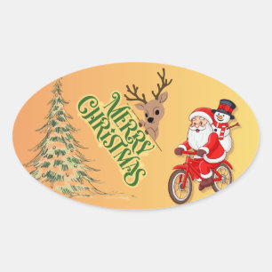 Santa & Reindeer Christmas Oval Sticker
