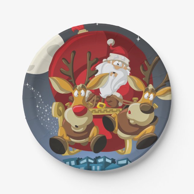 Santa & Reindeer Christmas Paper Plate (Front)