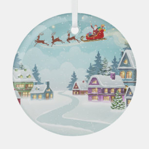 Santa Reindeer Christmas Vintage Scene Glass Tree Decoration