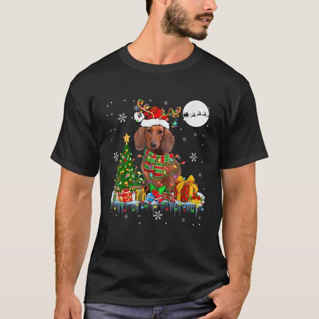 Santa Reindeer Dachshund Christmas Tree Lights Dog T-Shirt (Front)
