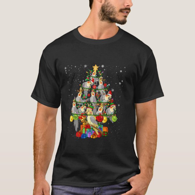 Santa Reindeer Elf Cockatiel Birds Xmas Tree Light T-Shirt (Front)